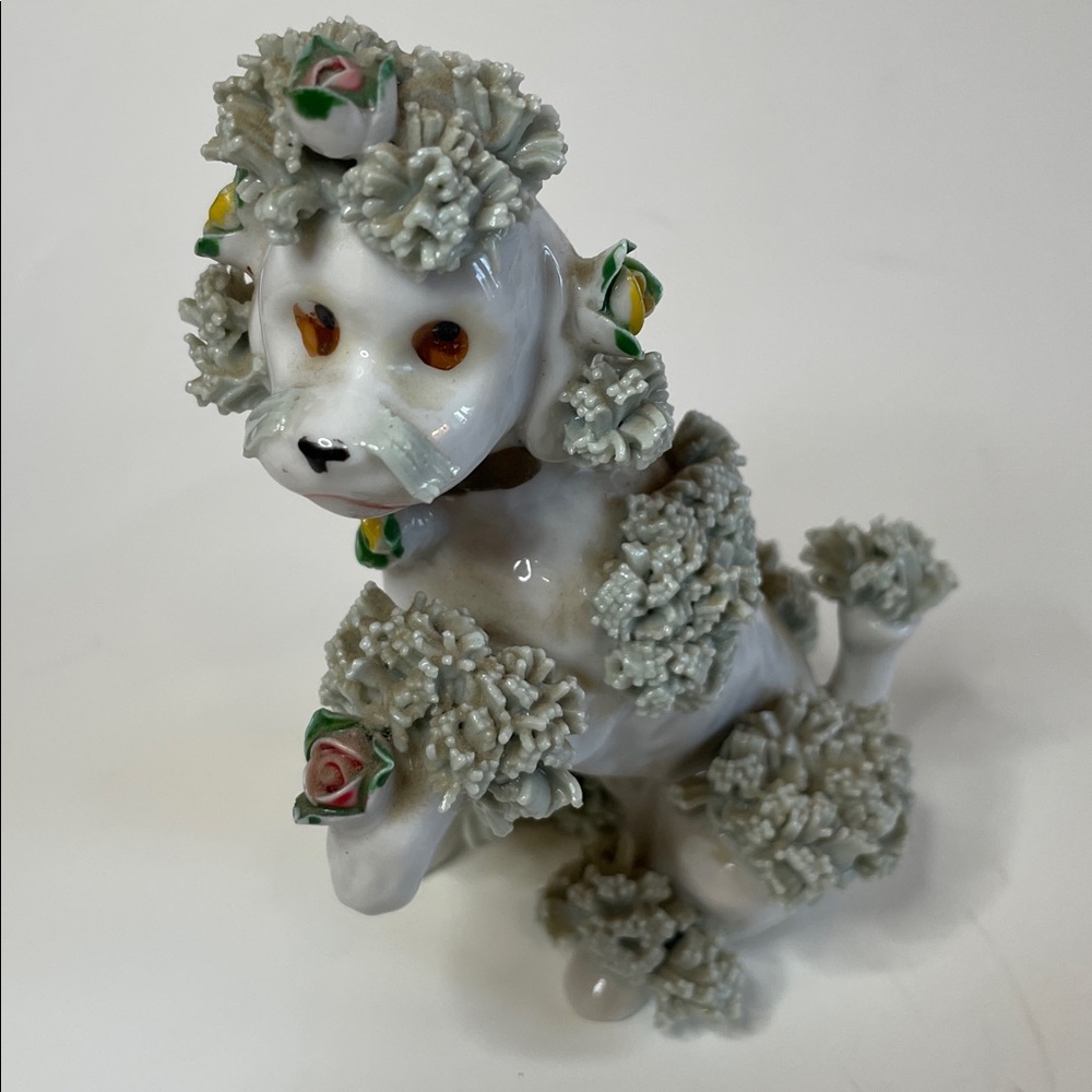 Vintage Wales Spaghetti Gray White Poodle Roses Figurine 1950's